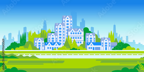 Suburban city landscape with residential houses, modern buildings and green fields. Flat style panorama illustration showing peaceful town environment, urban development and natural scenery.