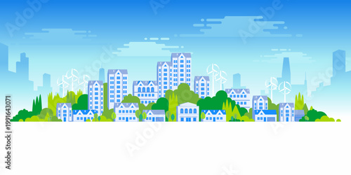 Eco friendly city panorama with residential houses, trees and wind turbines in modern urban environment. Flat style illustration sustainable city development and green energy