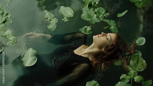 Young caucasian woman floating in tranquil water surrounded by green lily pads