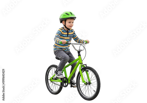 A young boy riding a green bicycle with a helmet isolated on transparent background, PNG
