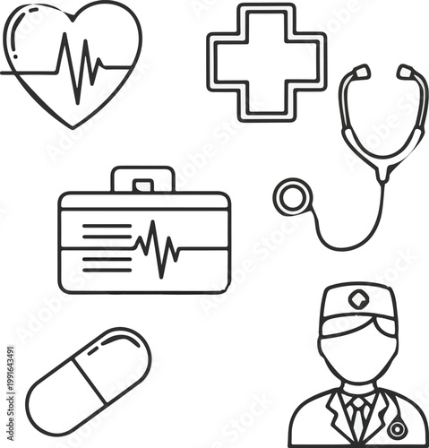 This is a comprehensive collection of essential medical and healthcare line icons, perfect for representing various aspects of health and wellness.