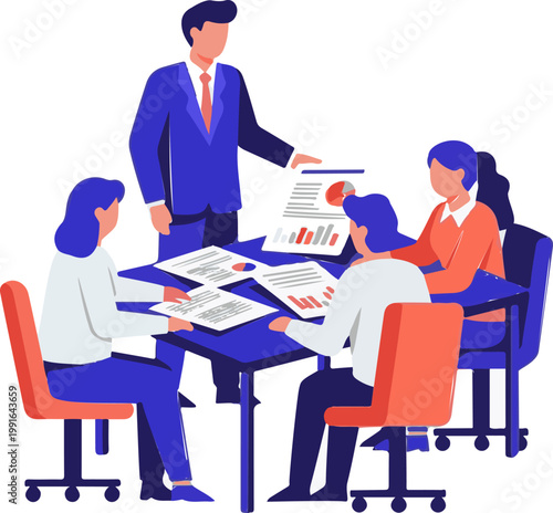 Business team members in a dynamic meeting collaboratively analyze financial reports, charts, and data for strategic decision-making.