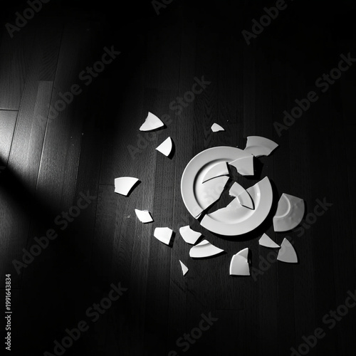 Broken porcelain plate on dark wooden floor with sharp shards, dramatic side lighting, minimalist metaphor for divorce or stress