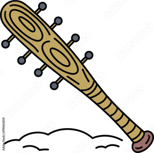 Cartoon illustration of a wooden baseball bat with metal spikes, a spiked club weapon for combat or gaming