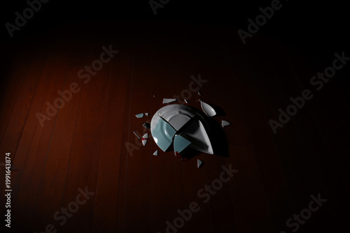 Broken porcelain plate on dark wooden floor with sharp shards, dramatic side lighting, minimalist metaphor for divorce or stress