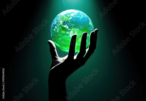 Silhouette hand cradles illuminated planet