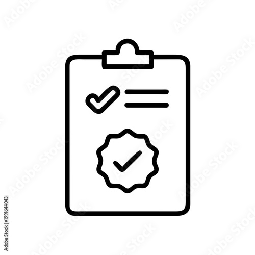 Approved checklist with checkmark and seal of approval on clipboard document line art