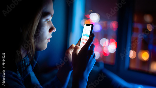 Close-up of teenager hands holding smartphone in dark room, screen light reflecting on face with bokeh city lights background