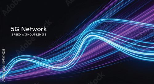 5G Network Speed Without Limits Vector Background with Blue and Purple Light Trails