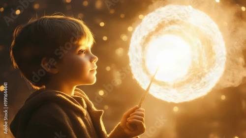 Young caucasian boy holding a sparkler in a warm, magical lighting setting