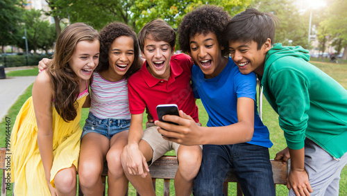Diverse group of teenage friends sitting on park bench and looking at smartphone, genuine laughter and authentic lifestyle, natural sunlight