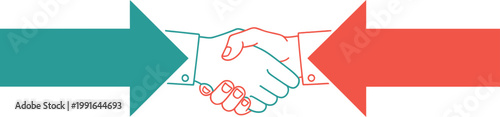 Business Handshake Between Opposing Arrows Vector: Teal and Red Arrows Meeting for Agreement, Concept for Conflict Resolution, Merger, Partnership, and Successful Negotiation, Isolated on White.
