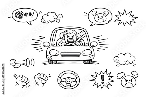 Driver angrily gesturing while driving a car in illustration