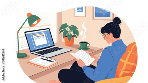 Young woman multitasking from her home office while sitting on the floor with a laptop, open notebook, book, and a cup of coffee.
