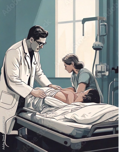 Doctor and nurse tending to patient in hospital bed.