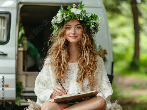  young woman with wavy hair and a flower crown sits outdoors by a campervan, writing in a notebook surrounded by greenery.