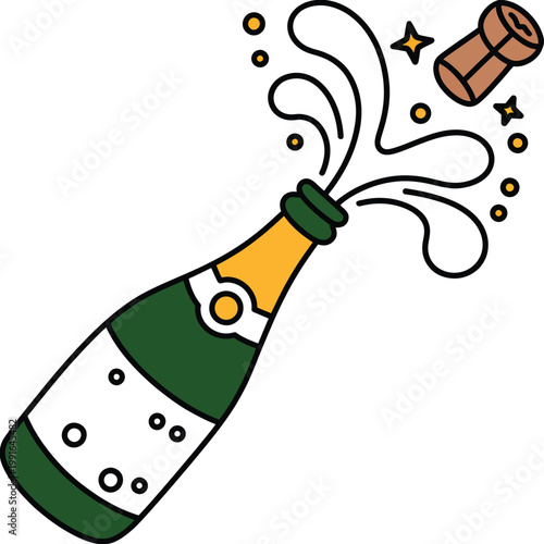 Champagne bottle popping with cork and bubbles vector illustration