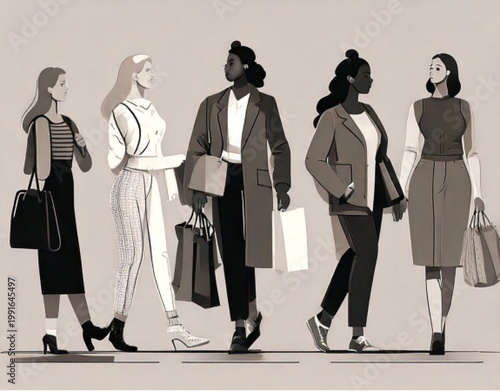 Diverse group of women walking together carrying shopping bags.