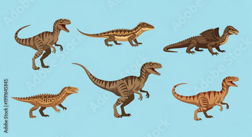 Collection of Six Different Dinosaur Illustrations on Blue Background.