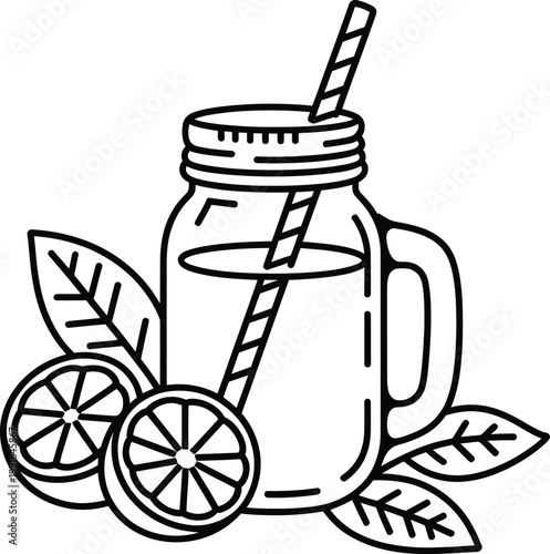 Vector illustration of a refreshing lemonade in a mason jar with citrus slices and mint leaves