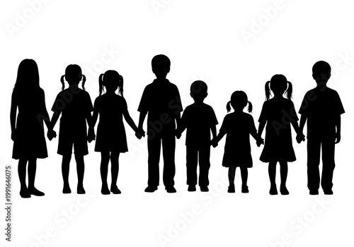 A family of seven people holding hands isolated on transparent background, PNG