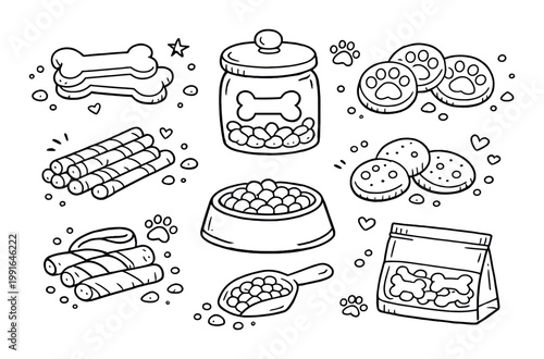 Dog treats and food items arranged as icons on dark background