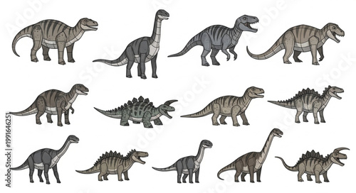 Collection of Dinosaur Illustrations on White Background.
