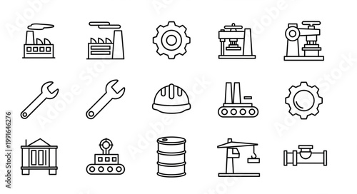 Industrial Icons Set Factory Machinery Tools And Equipment Line Art.