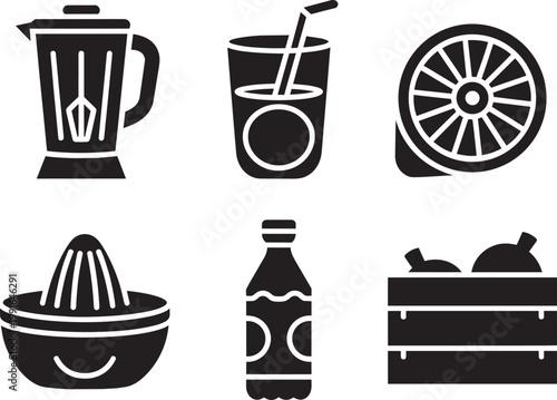 Beverage and Fruit Icons Collection: Blender, Drink, Lemon, Juicer, Bottle, Crate of Fruit