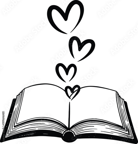 Open book with floating hearts, handdrawn vector illustration