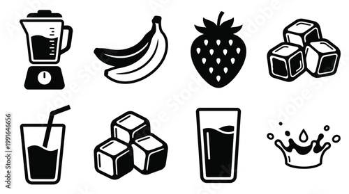 Smoothie ingredients icon set – solid style mixology and beverage symbols for healthy lifestyle: blender, banana, strawberry, ice cubes, glass, juice pour, ... 