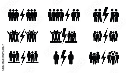 Tableau sur toile Conflict and competition icon set, black silhouette people groups separated by l