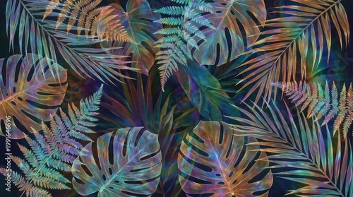 Colorful Tropical Leaves Pattern with Shimmering Hues on Dark Background