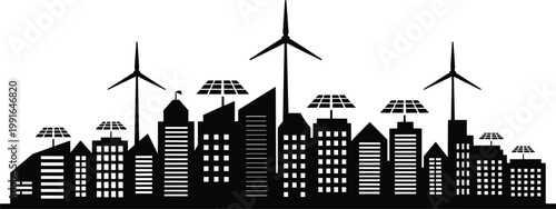 Eco-friendly city skyline with wind turbines and solar panels with eco city, wind turbine