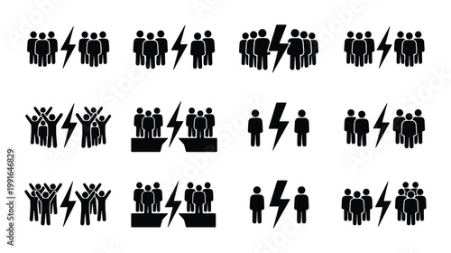Photos Conflict and competition icon set, black silhouette people groups separated by l