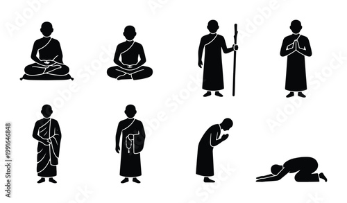 Tableau sur toile Buddhist monk silhouette icons set, religious monk figures in meditation and pra