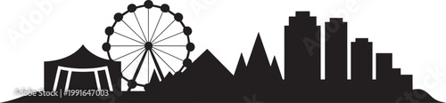 Ferris wheel and city skyline illustration with tent and mountain silhouettes with circus