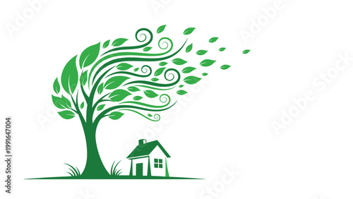 Stylized green tree with swirling leaves blows strongly in the wind next to a small house on a grassy landscape.