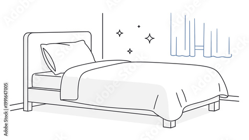 Simple and clean illustration of a neatly made bed in a bedroom with a pillow, blanket, and curtained window.