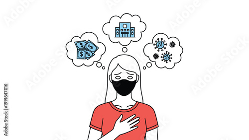 Worried woman wearing a black face mask thinks about financial problems, medical care, and the spread of viruses.