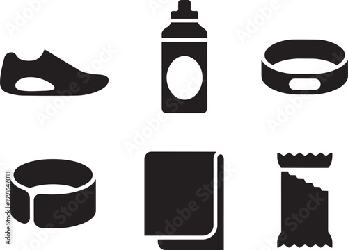 Fitness and Sports Gear Icons: Shoe, Water Bottle, Tracker, Towel, Snack with snack bar