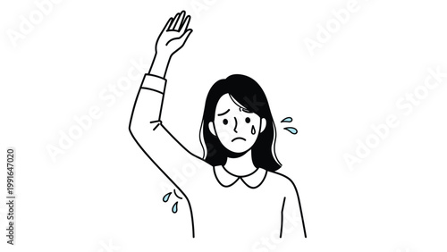 Distressed woman raises her arm and shows concern about perspiration and body odor with sweat droplets visible.