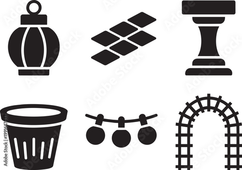 Garden and outdoor decor icons: lantern, paving stones, planter, archway, and string lights
