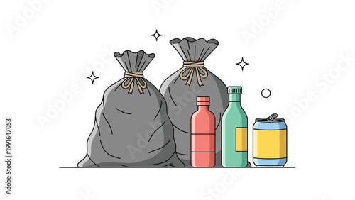 Assorted household waste items including black garbage bags, colorful glass bottles, and a used aluminum can.