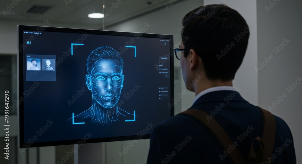 Obraz premium Man engaged with facial recognition system. Security technology concept depicting biometric authentication for access control and identification.