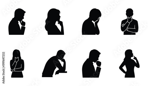 Photos Thinking people silhouettes set, 8 black vector icons of pensive men and women,