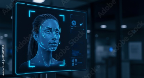 Digital face recognition system scanning a woman. Cybersecurity and facial biometric data for identity authentication.