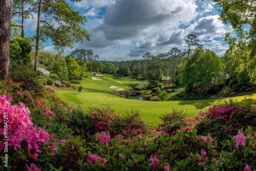 A vibrant golf course unfolds amidst lush greenery and blooming azaleas under a dramatic sky.