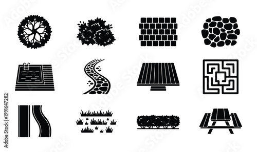 Landscape design icons set, garden planning symbols for architectural site maps, outdoor backyard elements vector collection, black silhouette top view graphics