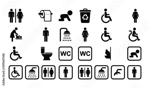 Schilderij op canvas Public restroom icons set, black bathroom signage symbols for toilet and washroo